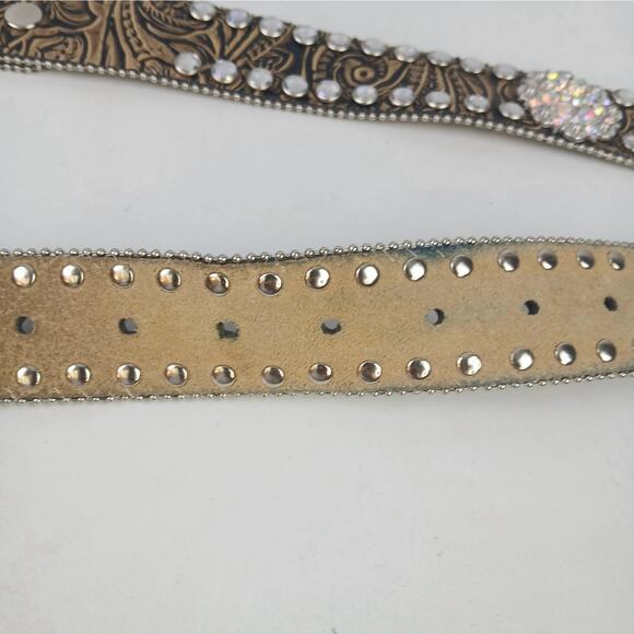 Nocona VTG SZ M Tooled Leather Bling Western Belt Studded Rhinestone Buckle - Picture 5 of 7